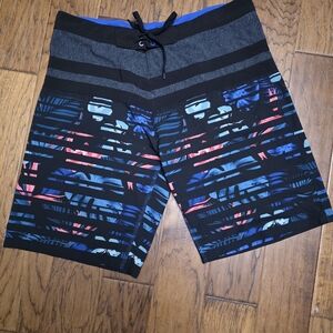Burnside Black Swim Board Shorts with Blue & Red Tropical Stripes